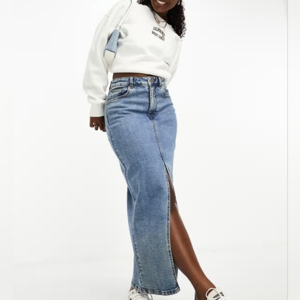 ASOS Blue Denim 5-pocket Midi Maxi Skirt w Front‎ Slit Western